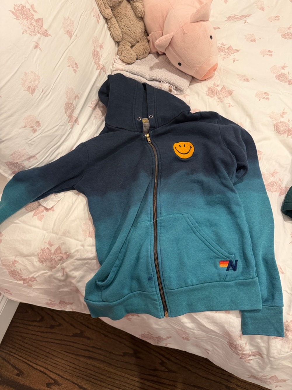 Aviator Nation Navy to Teal Ombre Zip Hoodie with Yellow Smiley Patch